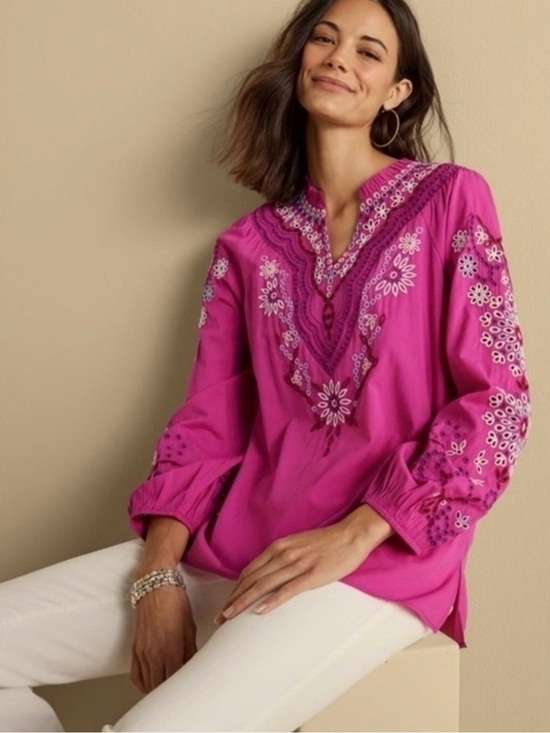 Soft Surroundings Tops - Soft Surroundings Embroidered Eyelet Fuchsia Peasant Top